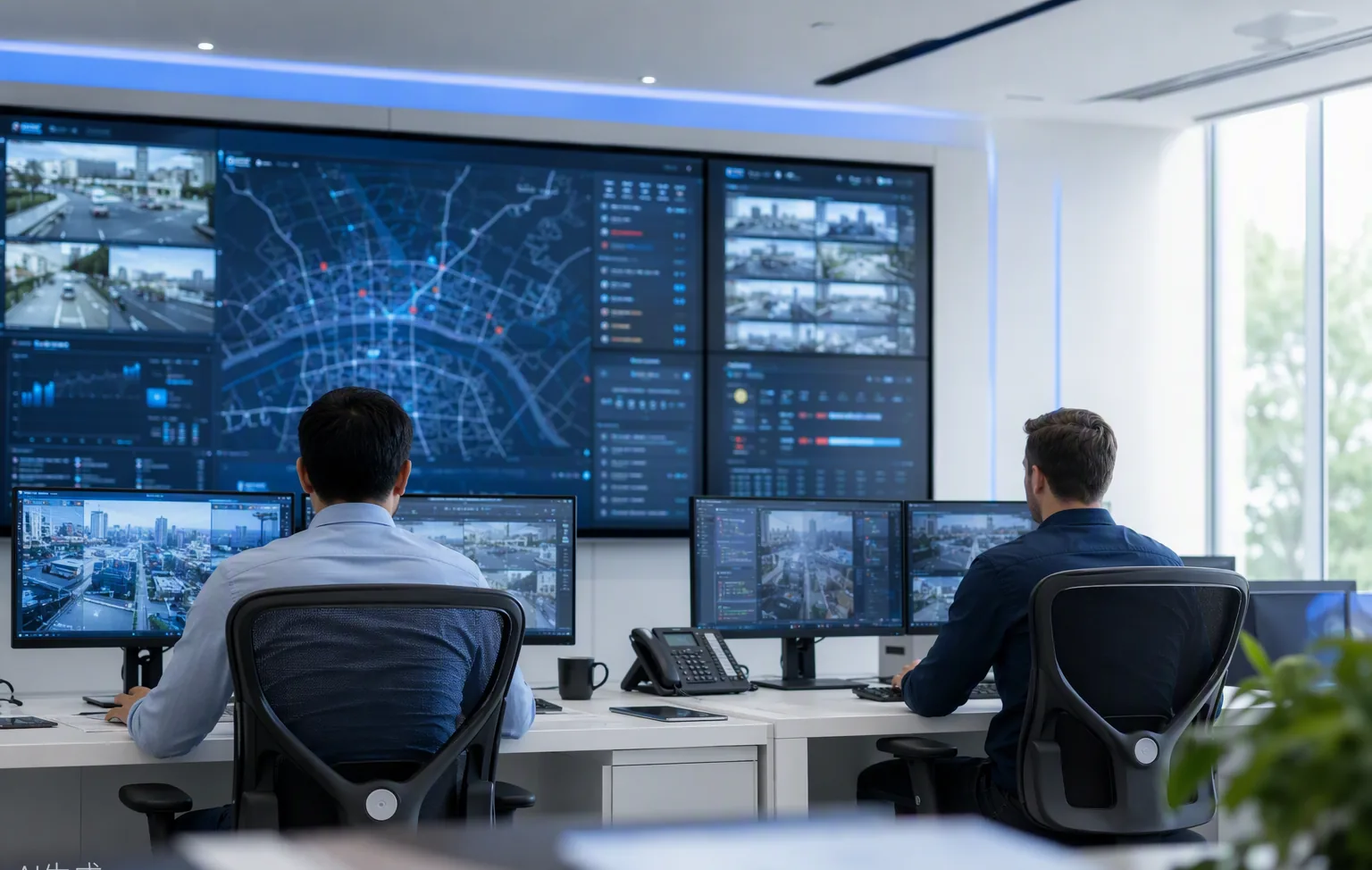 Modern monitoring operations room with smart analytics screens